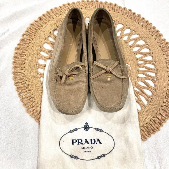 Prada Suede Bow Drivers Tan Leather Size EU 38 - Picture 1 of 15